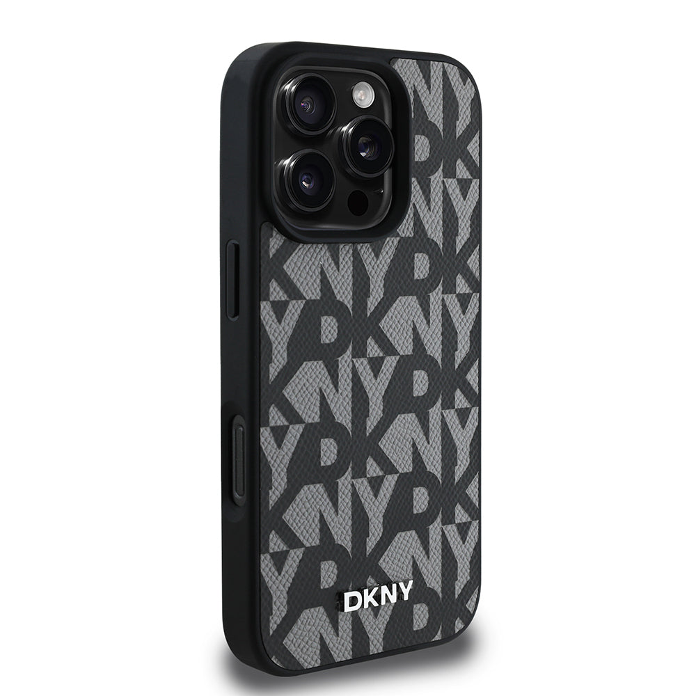 Apple iPhone 16 Pro Kılıf DKNY Orjinal Lisanslı M-safe Şarj Özellikli 3D Yazılı Grid Pattern Kapak Gri