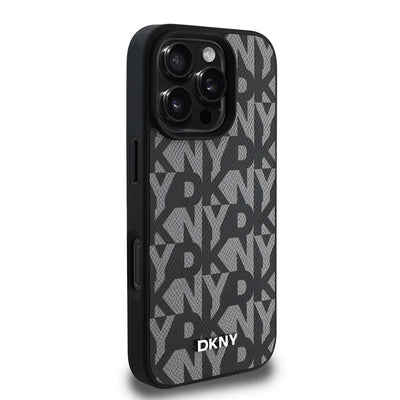 Apple iPhone 16 Pro Kılıf DKNY Orjinal Lisanslı M-safe Şarj Özellikli 3D Yazılı Grid Pattern Kapak Gri
