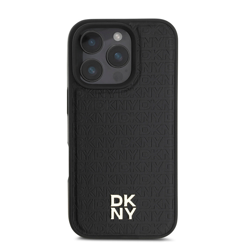 Apple iPhone 16 Pro Kılıf DKNY Orjinal Lisanslı Magsafe Şarj Özellikli 3D Yazılı Repeat Pattern Kapak Siyah