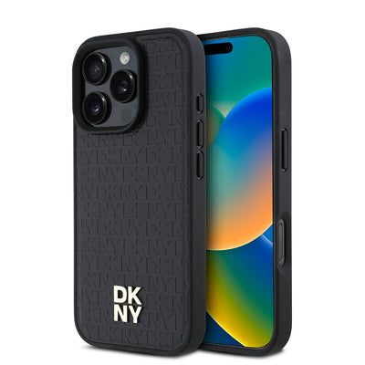 Apple iPhone 16 Pro Kılıf DKNY Orjinal Lisanslı Magsafe Şarj Özellikli 3D Yazılı Repeat Pattern Kapak Siyah