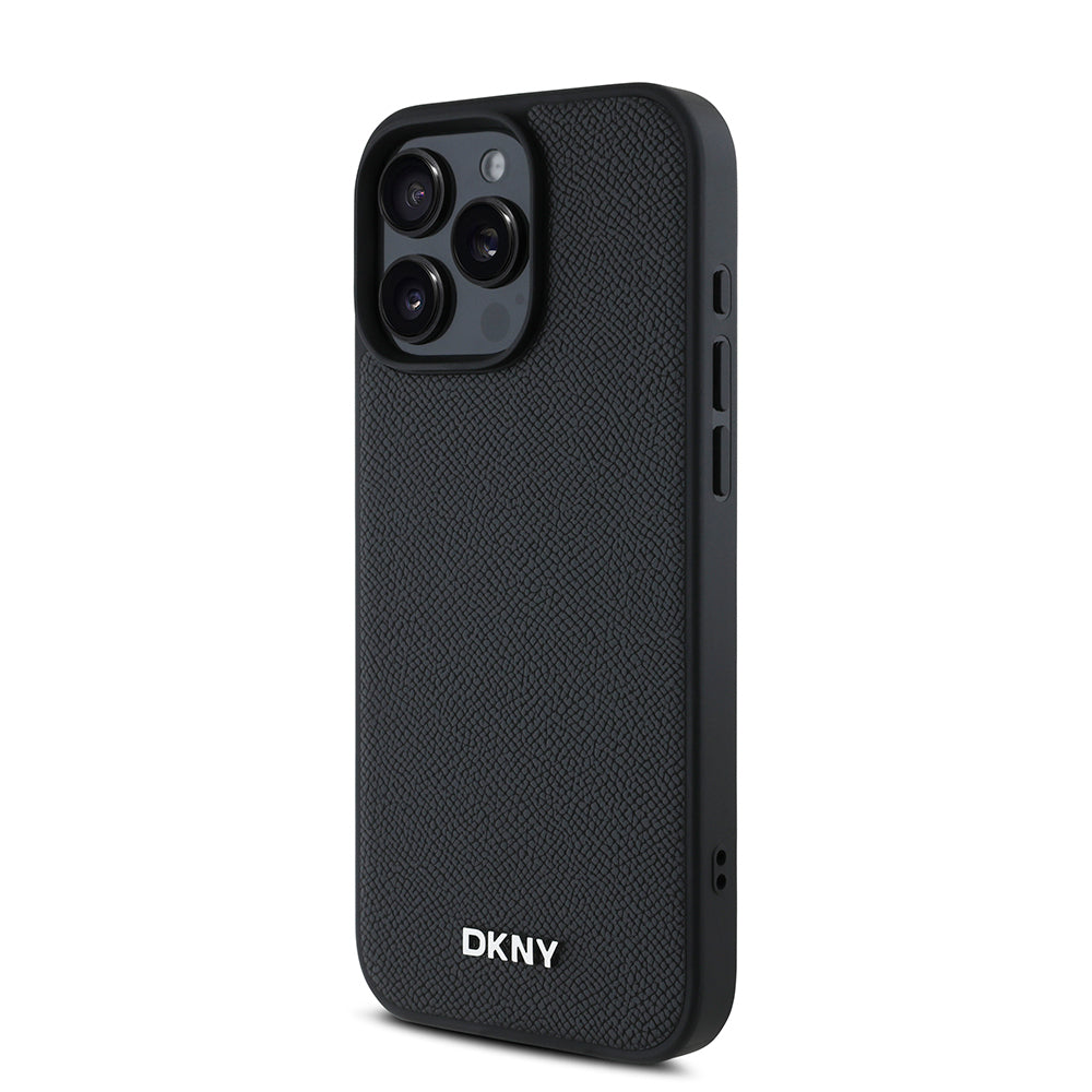 Apple iPhone 16 Pro Kılıf DKNY Orjinal Lisanslı Magsafe Şarj Özellikli Metal Logolu PU Deri Grained Kapak Siyah