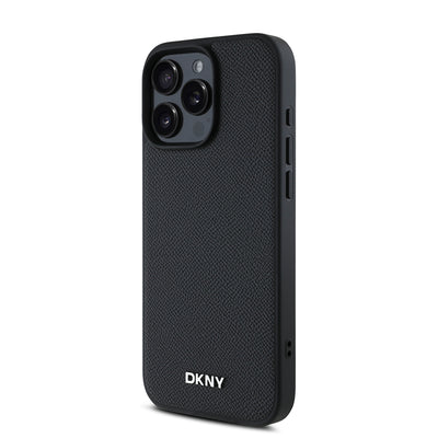 Apple iPhone 16 Pro Kılıf DKNY Orjinal Lisanslı Magsafe Şarj Özellikli Metal Logolu PU Deri Grained Kapak Siyah