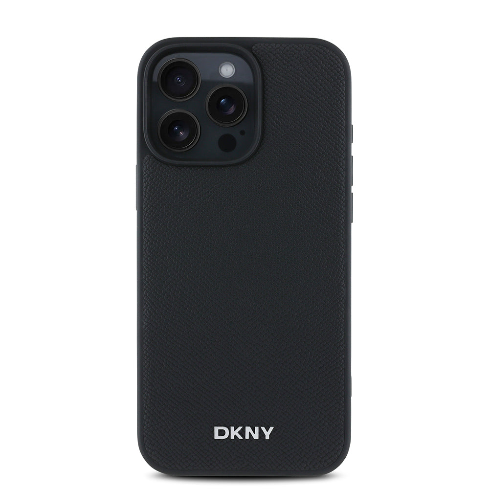 Apple iPhone 16 Pro Kılıf DKNY Orjinal Lisanslı Magsafe Şarj Özellikli Metal Logolu PU Deri Grained Kapak Siyah