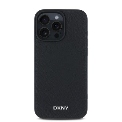 Apple iPhone 16 Pro Kılıf DKNY Orjinal Lisanslı Magsafe Şarj Özellikli Metal Logolu PU Deri Grained Kapak Siyah