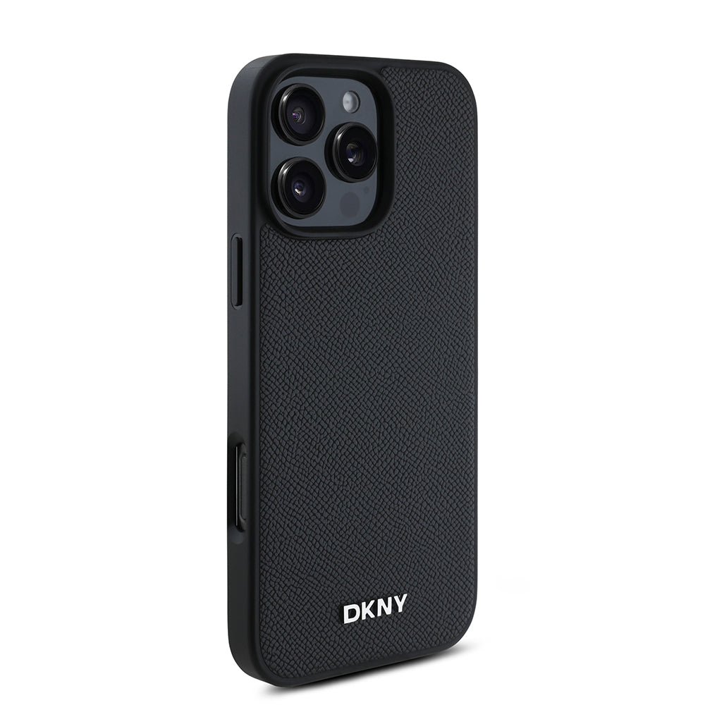 Apple iPhone 16 Pro Kılıf DKNY Orjinal Lisanslı Magsafe Şarj Özellikli Metal Logolu PU Deri Grained Kapak Siyah