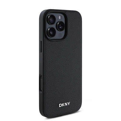 Apple iPhone 16 Pro Kılıf DKNY Orjinal Lisanslı Magsafe Şarj Özellikli Metal Logolu PU Deri Grained Kapak Siyah
