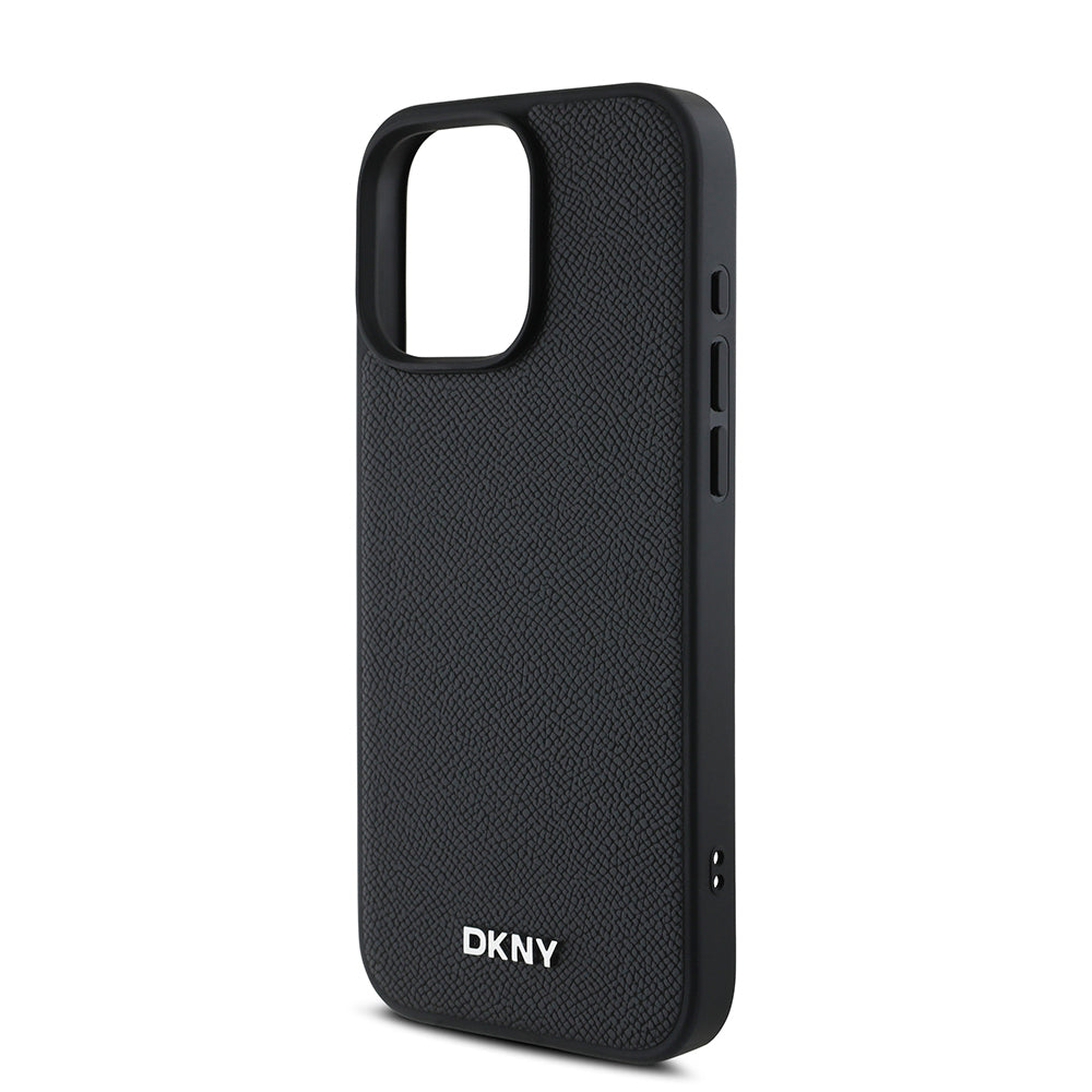 Apple iPhone 16 Pro Kılıf DKNY Orjinal Lisanslı Magsafe Şarj Özellikli Metal Logolu PU Deri Grained Kapak Siyah