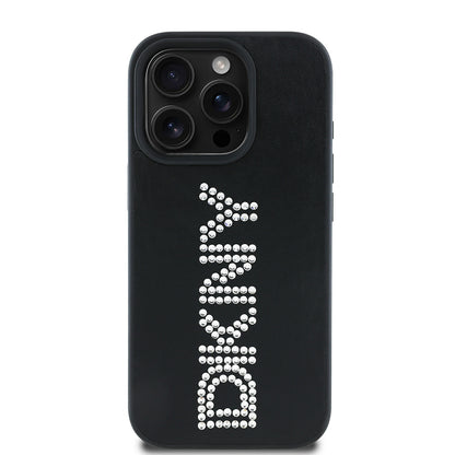 iPhone 16 Pro Kılıf DKNY Orjinal Lisanslı Taşlı DKNY Yazılı Metalik Rhinestones PU Deri Kılıf