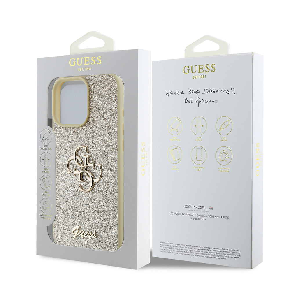 Apple iPhone 16 Pro Kılıf Guess Orjinal Lisanslı 4G Büyük Metal Logolu Glitter Kapak Gold