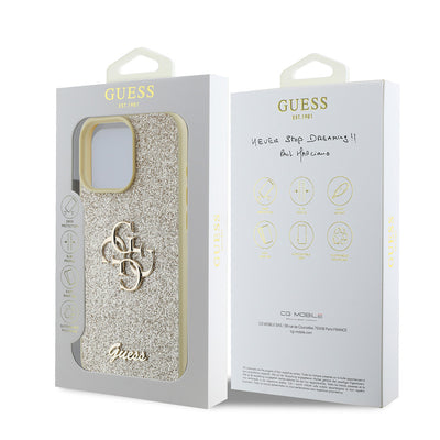 Apple iPhone 16 Pro Kılıf Guess Orjinal Lisanslı 4G Büyük Metal Logolu Glitter Kapak Gold