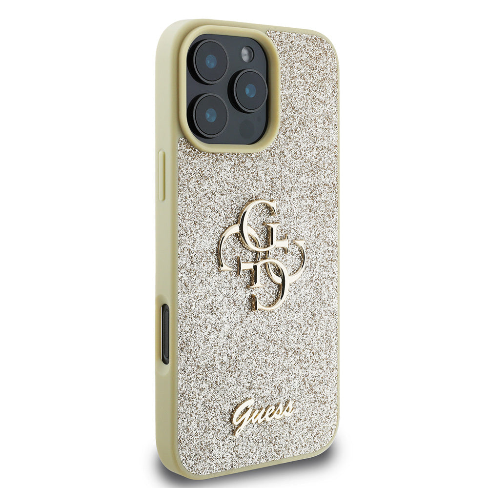 Apple iPhone 16 Pro Kılıf Guess Orjinal Lisanslı 4G Büyük Metal Logolu Glitter Kapak Gold