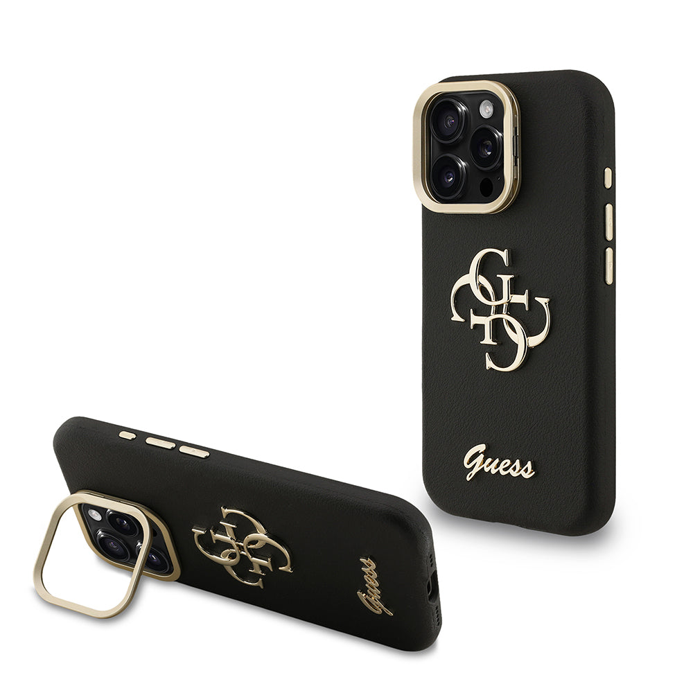 Apple iPhone 16 Pro Kılıf Guess Orjinal Lisanslı Grained Yazı Logolu Kamera Standlı Kapak Kahverengi