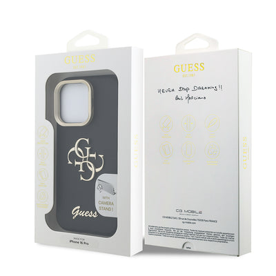 Apple iPhone 16 Pro Kılıf Guess Orjinal Lisanslı Grained Yazı Logolu Kamera Standlı Kapak Siyah