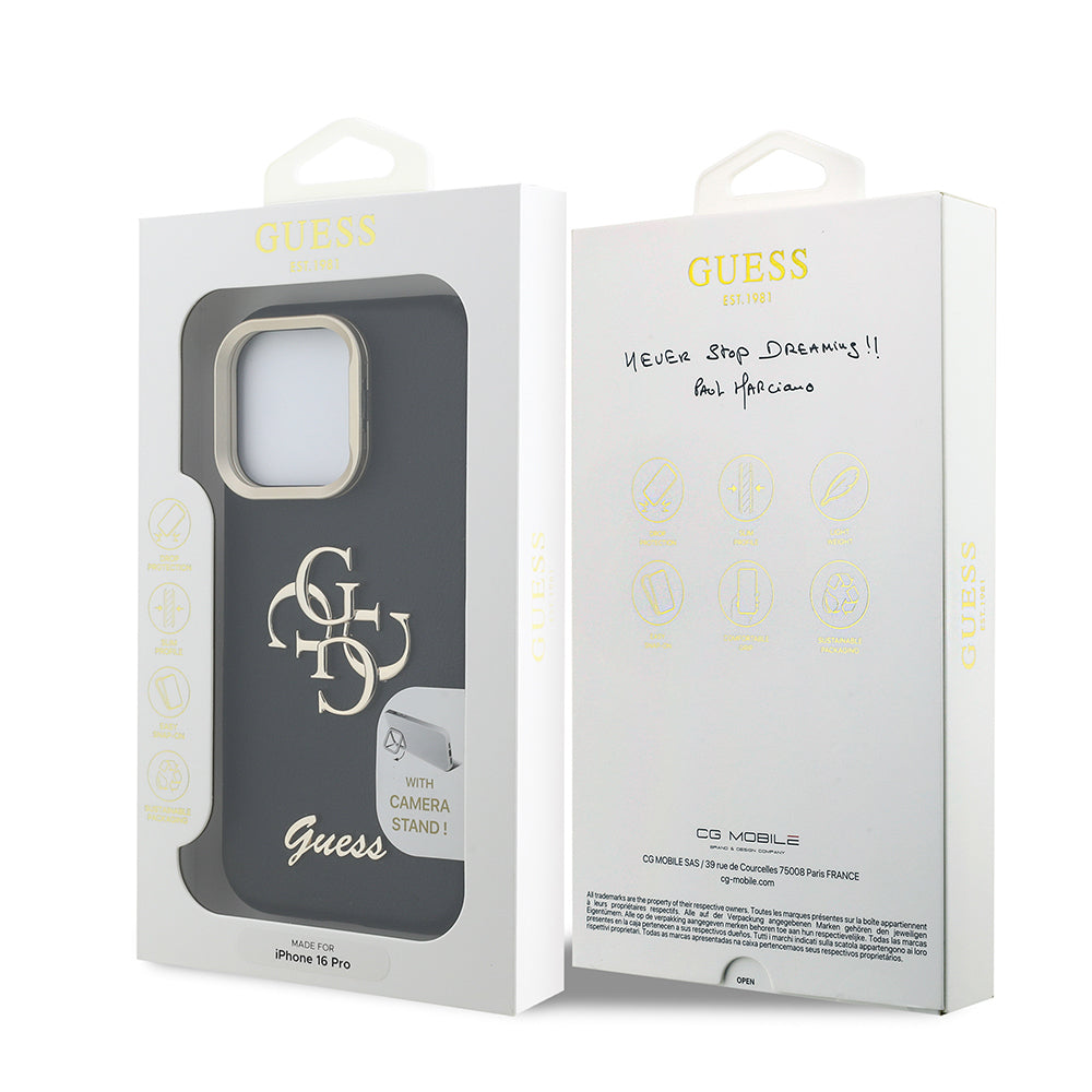 Apple iPhone 16 Pro Kılıf Guess Orjinal Lisanslı Grained Yazı Logolu Kamera Standlı Kapak Kahverengi