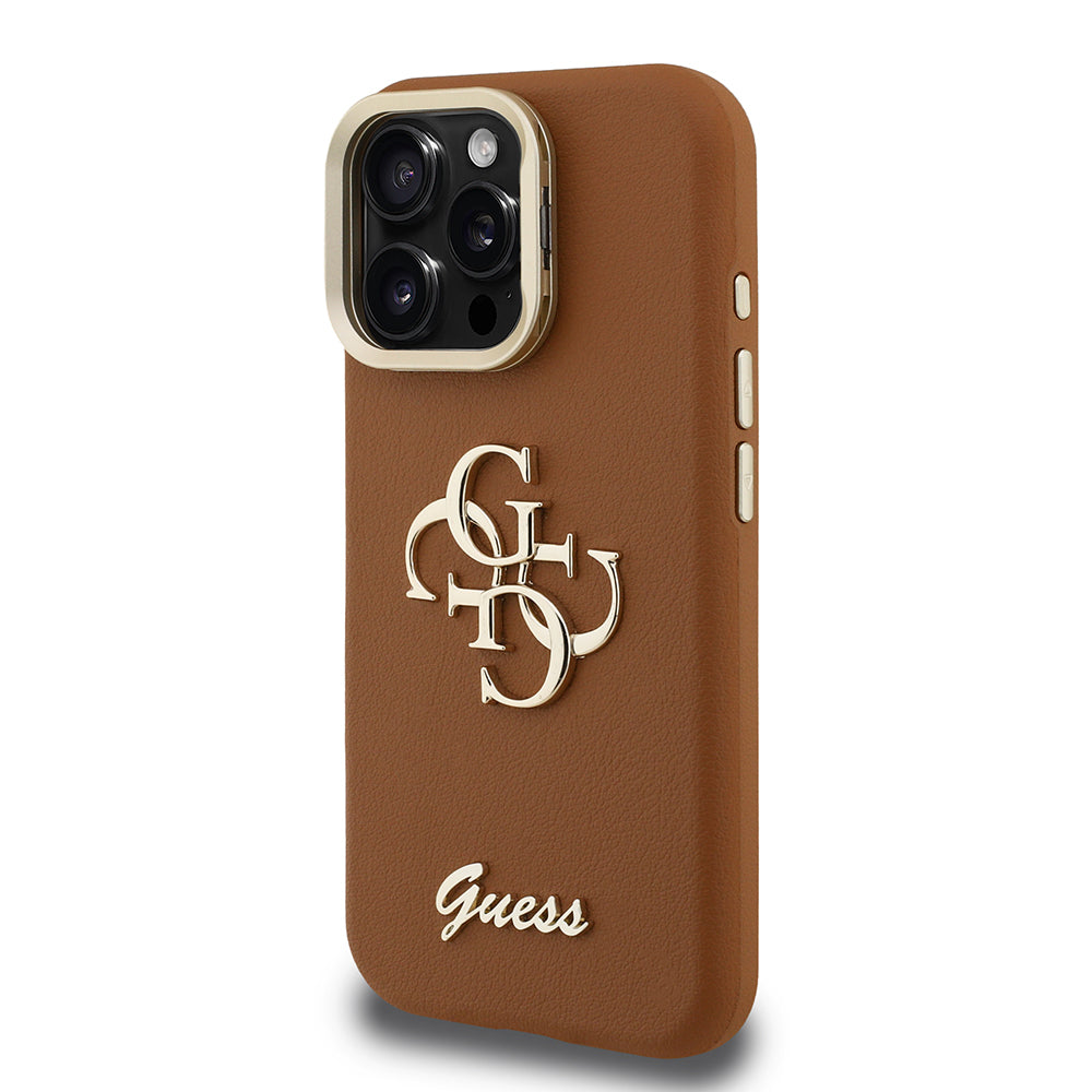 Apple iPhone 16 Pro Kılıf Guess Orjinal Lisanslı Grained Yazı Logolu Kamera Standlı Kapak Kahverengi