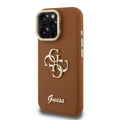Apple iPhone 16 Pro Kılıf Guess Orjinal Lisanslı Grained Yazı Logolu Kamera Standlı Kapak Kahverengi