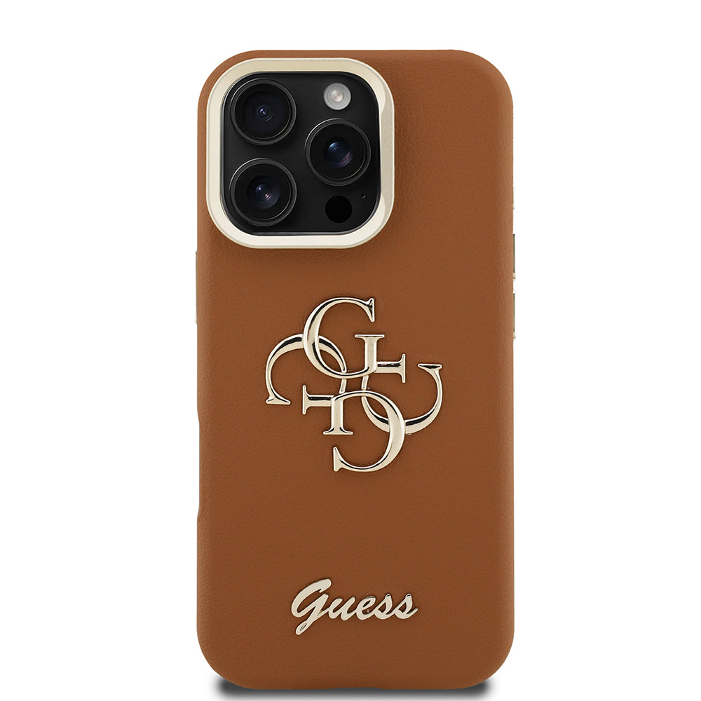 Apple iPhone 16 Pro Kılıf Guess Orjinal Lisanslı Grained Yazı Logolu Kamera Standlı Kapak Kahverengi