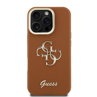 Apple iPhone 16 Pro Kılıf Guess Orjinal Lisanslı Grained Yazı Logolu Kamera Standlı Kapak Kahverengi