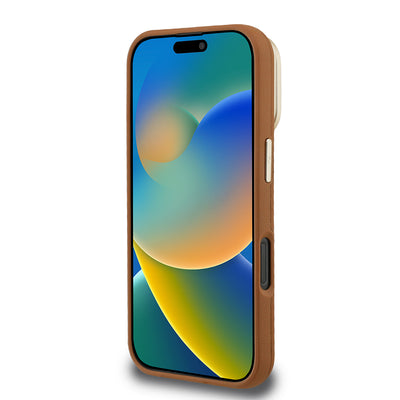 Apple iPhone 16 Pro Kılıf Guess Orjinal Lisanslı Grained Yazı Logolu Kamera Standlı Kapak Kahverengi