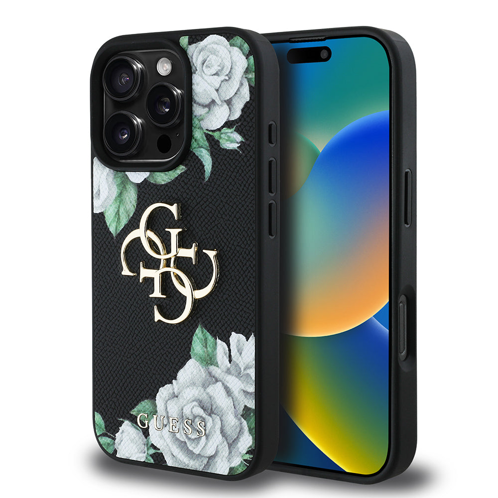 Apple iPhone 16 Pro Kılıf Guess Orjinal Lisanslı Gül Baskılı Büyük Metal Logo Dizaynlı Kapak Mor