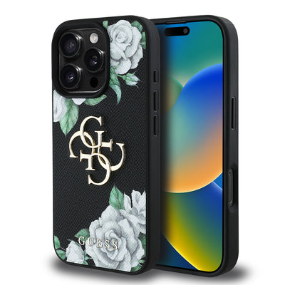 Apple iPhone 16 Pro Kılıf Guess Orjinal Lisanslı Gül Baskılı Büyük Metal Logo Dizaynlı Kapak Mor