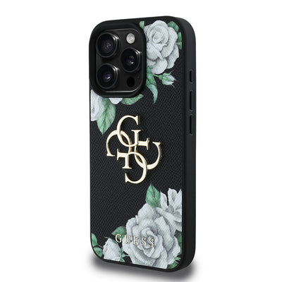 Apple iPhone 16 Pro Kılıf Guess Orjinal Lisanslı Gül Baskılı Büyük Metal Logo Dizaynlı Kapak Mor