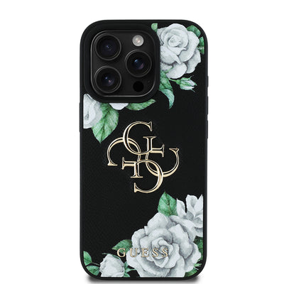 Apple iPhone 16 Pro Kılıf Guess Orjinal Lisanslı Gül Baskılı Büyük Metal Logo Dizaynlı Kapak Mor