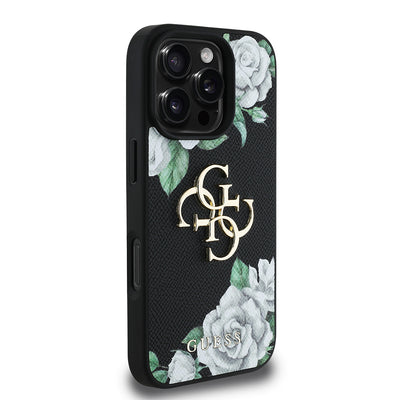Apple iPhone 16 Pro Kılıf Guess Orjinal Lisanslı Gül Baskılı Büyük Metal Logo Dizaynlı Kapak Mor