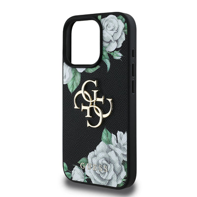Apple iPhone 16 Pro Kılıf Guess Orjinal Lisanslı Gül Baskılı Büyük Metal Logo Dizaynlı Kapak Mor