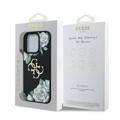 Apple iPhone 16 Pro Kılıf Guess Orjinal Lisanslı Gül Baskılı Büyük Metal Logo Dizaynlı Kapak Mor