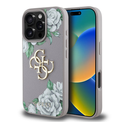 Apple iPhone 16 Pro Kılıf Guess Orjinal Lisanslı Gül Baskılı Büyük Metal Logo Dizaynlı Kapak Mor