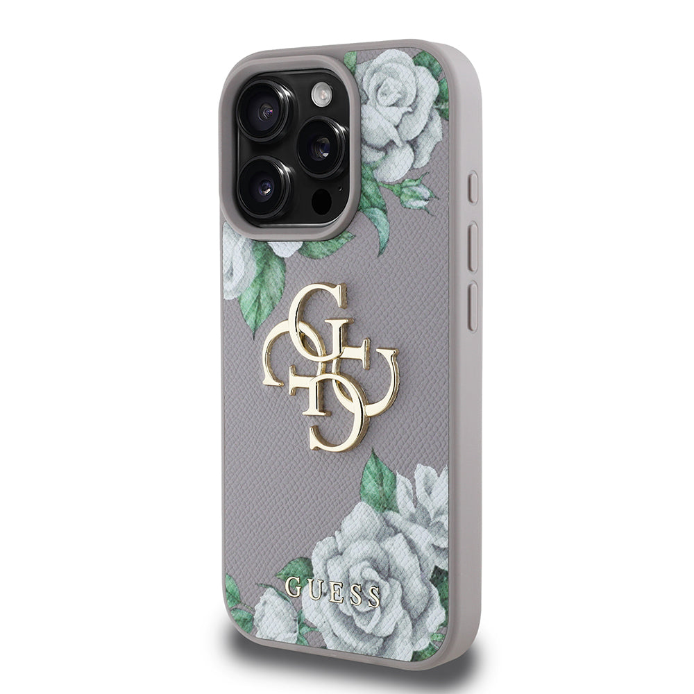 Apple iPhone 16 Pro Kılıf Guess Orjinal Lisanslı Gül Baskılı Büyük Metal Logo Dizaynlı Kapak Siyah