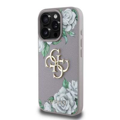 Apple iPhone 16 Pro Kılıf Guess Orjinal Lisanslı Gül Baskılı Büyük Metal Logo Dizaynlı Kapak Mor