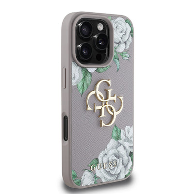 Apple iPhone 16 Pro Kılıf Guess Orjinal Lisanslı Gül Baskılı Büyük Metal Logo Dizaynlı Kapak Mor