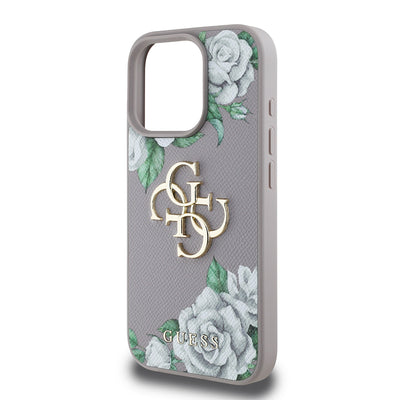 Apple iPhone 16 Pro Kılıf Guess Orjinal Lisanslı Gül Baskılı Büyük Metal Logo Dizaynlı Kapak Mor