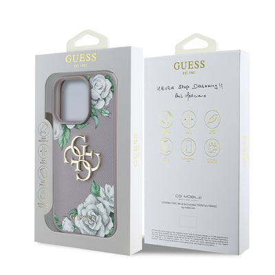 Apple iPhone 16 Pro Kılıf Guess Orjinal Lisanslı Gül Baskılı Büyük Metal Logo Dizaynlı Kapak Mor