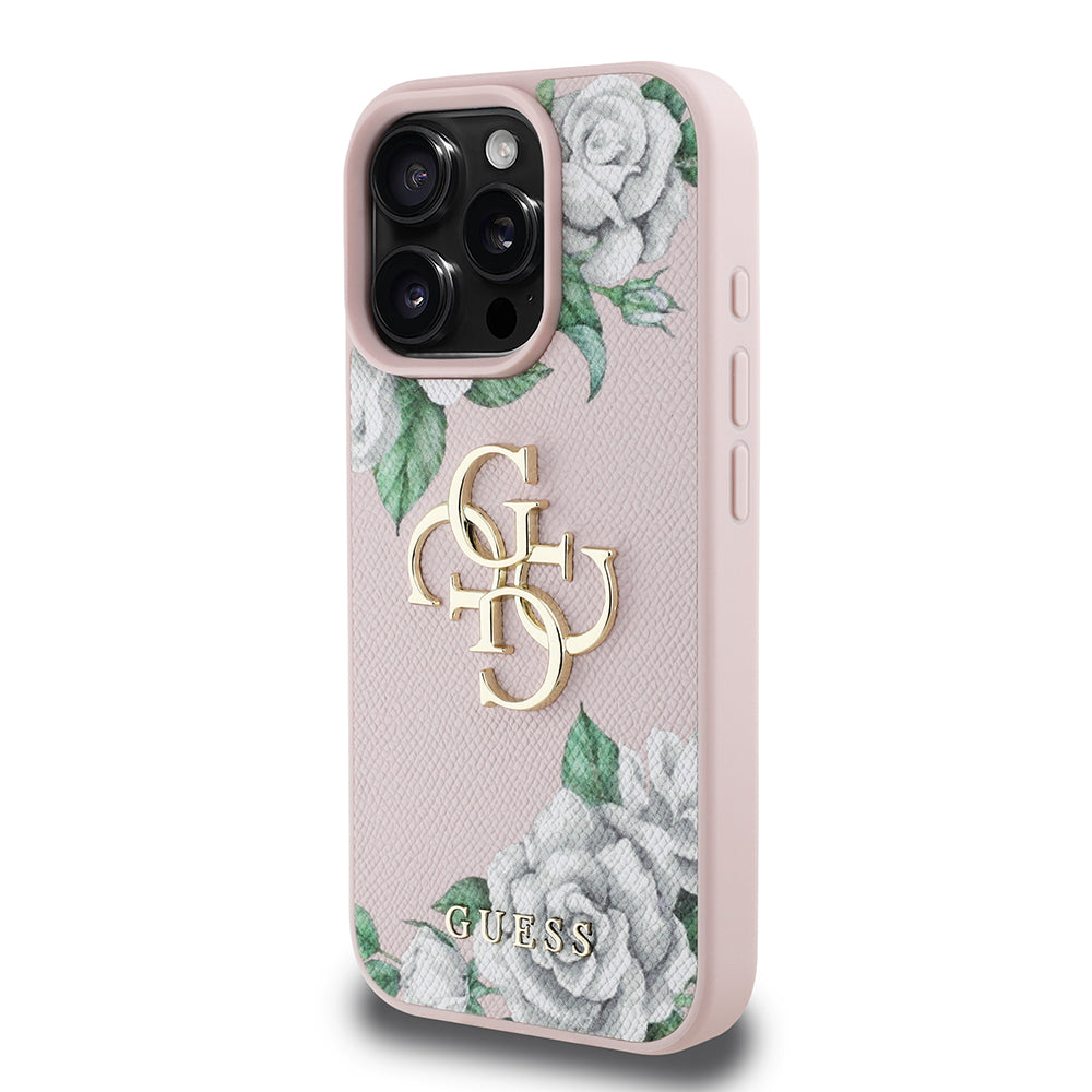 Apple iPhone 16 Pro Kılıf Guess Orjinal Lisanslı Gül Baskılı Büyük Metal Logo Dizaynlı Kapak Mor