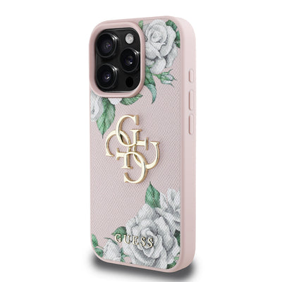 Apple iPhone 16 Pro Kılıf Guess Orjinal Lisanslı Gül Baskılı Büyük Metal Logo Dizaynlı Kapak Mor