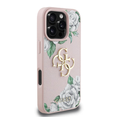 Apple iPhone 16 Pro Kılıf Guess Orjinal Lisanslı Gül Baskılı Büyük Metal Logo Dizaynlı Kapak Mor