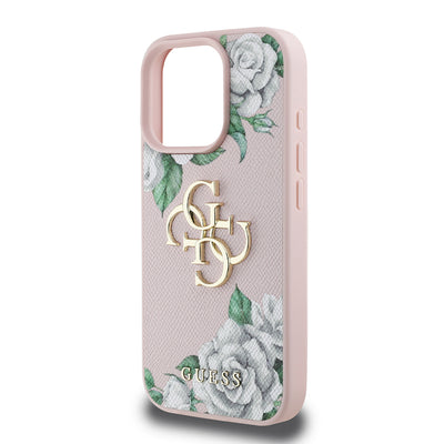 Apple iPhone 16 Pro Kılıf Guess Orjinal Lisanslı Gül Baskılı Büyük Metal Logo Dizaynlı Kapak Mor