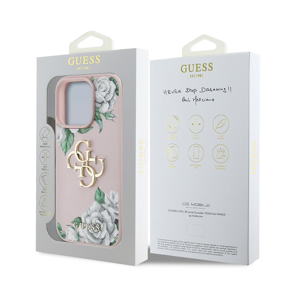 Apple iPhone 16 Pro Kılıf Guess Orjinal Lisanslı Gül Baskılı Büyük Metal Logo Dizaynlı Kapak Mor