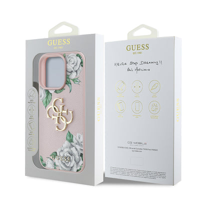 Apple iPhone 16 Pro Kılıf Guess Orjinal Lisanslı Gül Baskılı Büyük Metal Logo Dizaynlı Kapak Mor