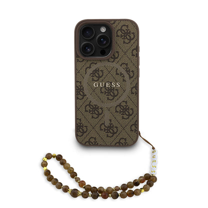 iPhone 16 Pro Kılıf Guess Orjinal Lisanslı M-safe Şarj Özellikli PU Deri Bilek Askı İpli Yazı Logolu Kılıf