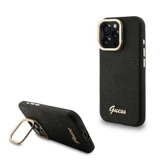 iPhone 16 Pro Kılıf Guess Orjinal Lisanslı M-safe Şarj Özellikli Sıcak Baskılı Yazı Logolu Kamera Standlı PU Deri Peony Kılıf