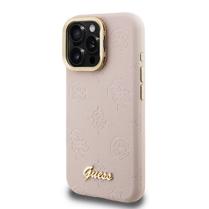 iPhone 16 Pro Kılıf Guess Orjinal Lisanslı M-safe Şarj Özellikli Sıcak Baskılı Yazı Logolu Kamera Standlı PU Deri Peony Kılıf