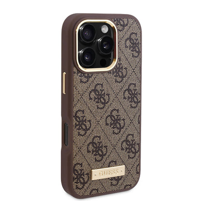 iPhone 16 Pro Kılıf Guess Orjinal Lisanslı M-safe Şarj Özellikli 4G Desenli PU Metal Plaka Klasik Logolu Kılıf