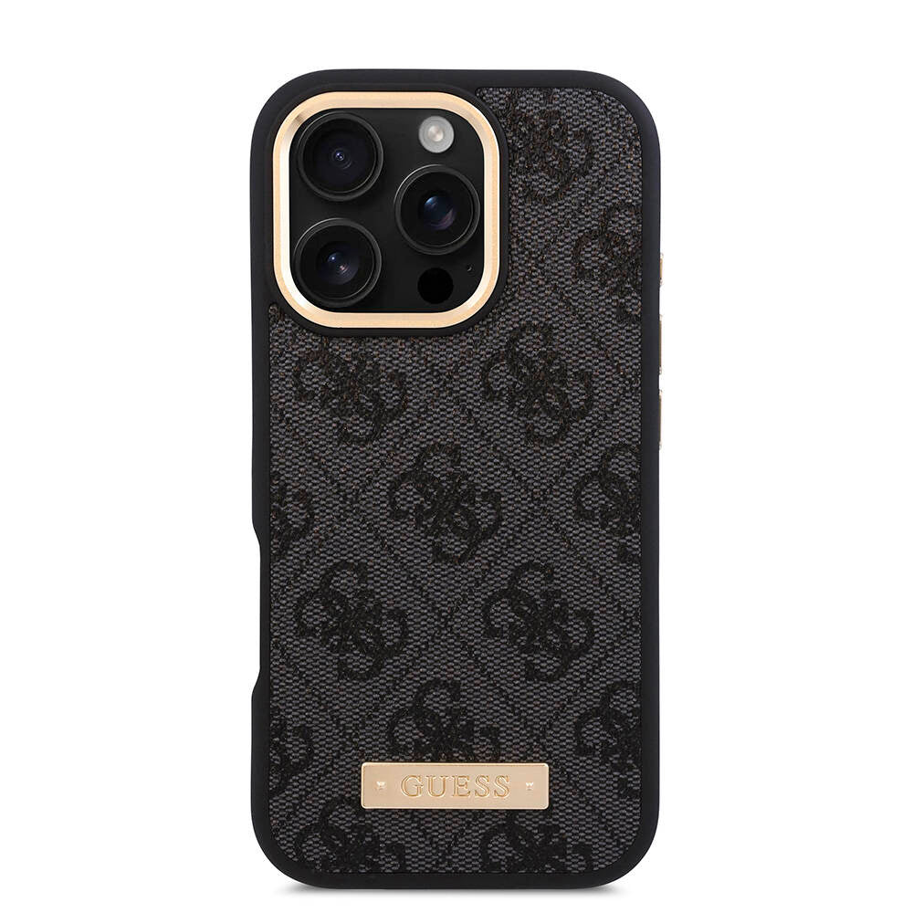 iPhone 16 Pro Kılıf Guess Orjinal Lisanslı M-safe Şarj Özellikli 4G Desenli PU Metal Plaka Klasik Logolu Kılıf