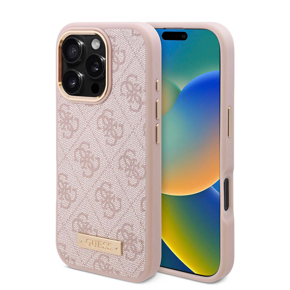 iPhone 16 Pro Kılıf Guess Orjinal Lisanslı M-safe Şarj Özellikli 4G Desenli PU Metal Plaka Klasik Logolu Kılıf