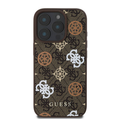 Apple iPhone 16 Pro Kılıf Guess Orjinal Lisanslı Magsafe Şarj Özellikli 4G Desenli Yazı Logolu Peony Kapak Kahverengi