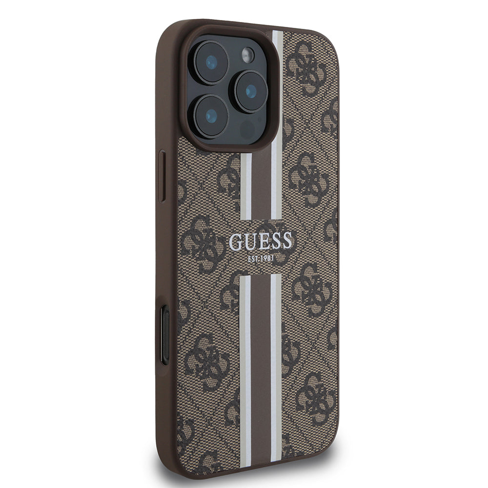 Apple iPhone 16 Pro Kılıf Guess Orjinal Lisanslı Magsafe Şarj Özellikli 4G Şerit Tasarımlı Printed Kapak Siyah